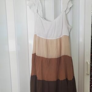 Sweet Wanderer Tiered Colorblock Midi Dress in White, Beige & Brown